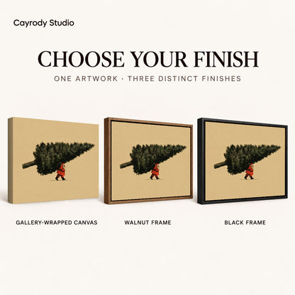 Santa Giant Tree artwork finish chart showing gallery wrapped canvas, walnut frame, and black frame options.