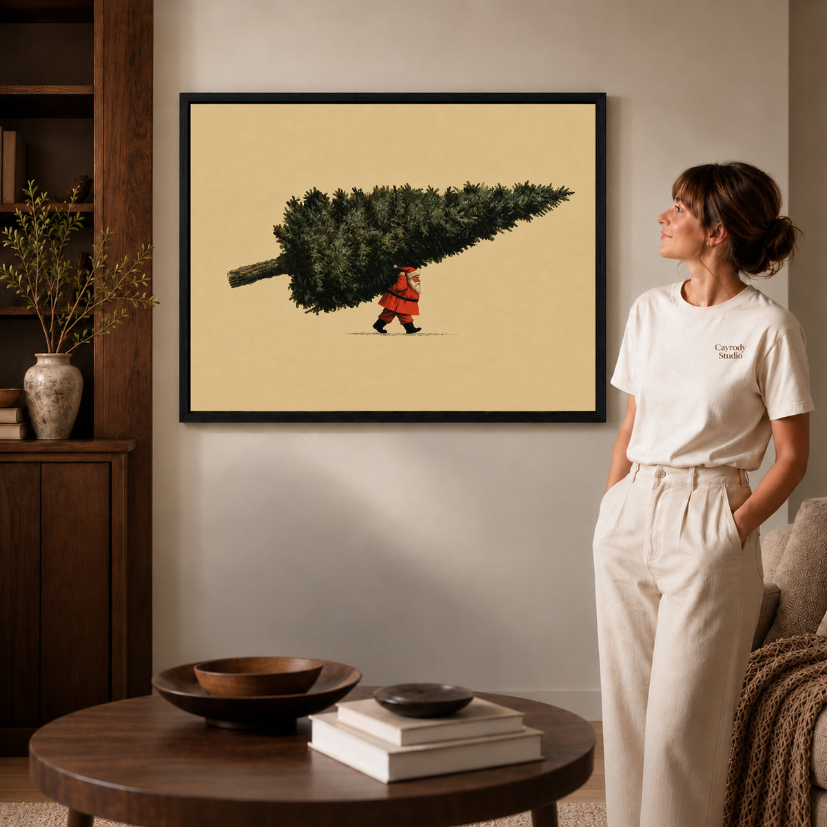 Black framed santa giant tree artwork scene assigned to all six black framed canvas sizes.