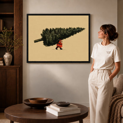 Black framed santa giant tree artwork scene assigned to all six black framed canvas sizes.