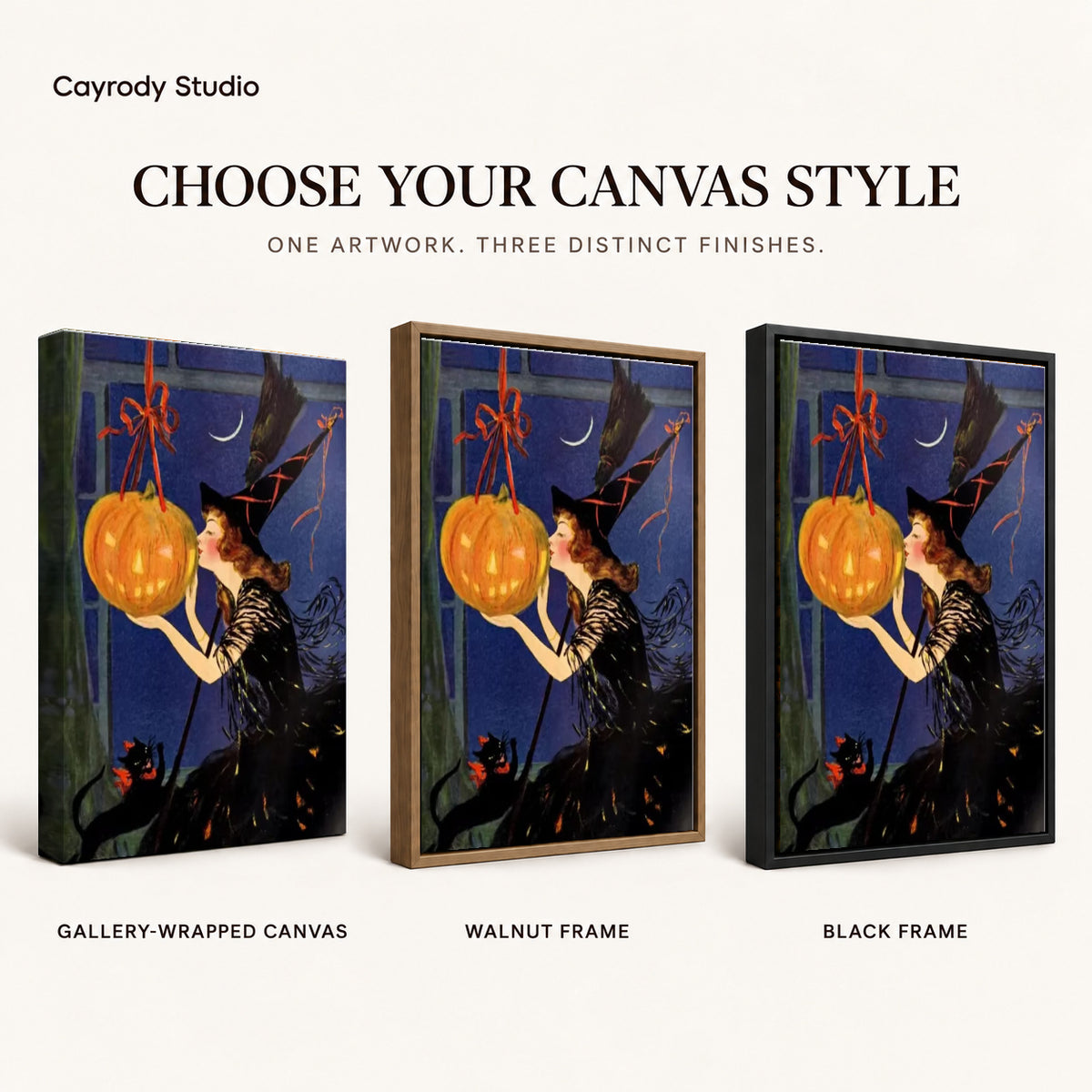 Vintage witch canvas art finish chart showing gallery wrapped canvas, walnut frame, and black frame options.
