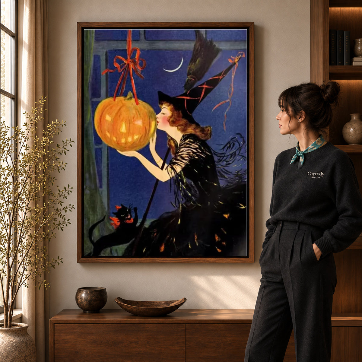 Walnut framed vintage witch canvas art room scene assigned to all six walnut framed canvas sizes.