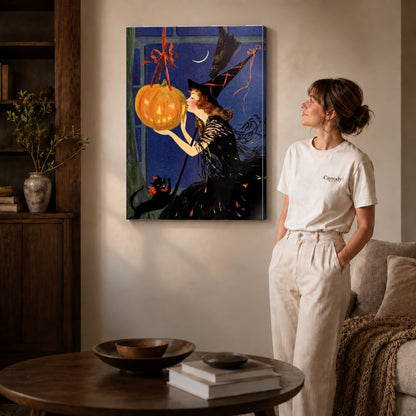 Gallery wrapped vintage witch canvas art room scene assigned to all six unframed wrapped canvas sizes.