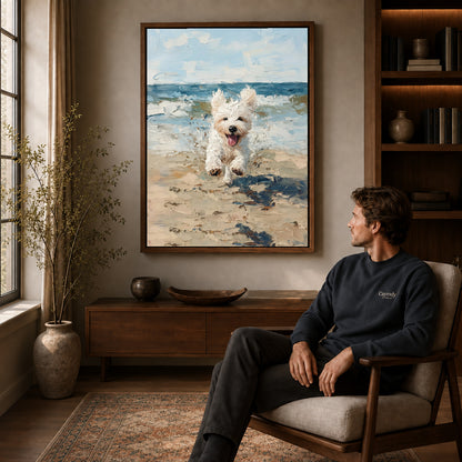 Walnut framed seaside jumping puppy artwork above a seated man in a wood furnished living room.