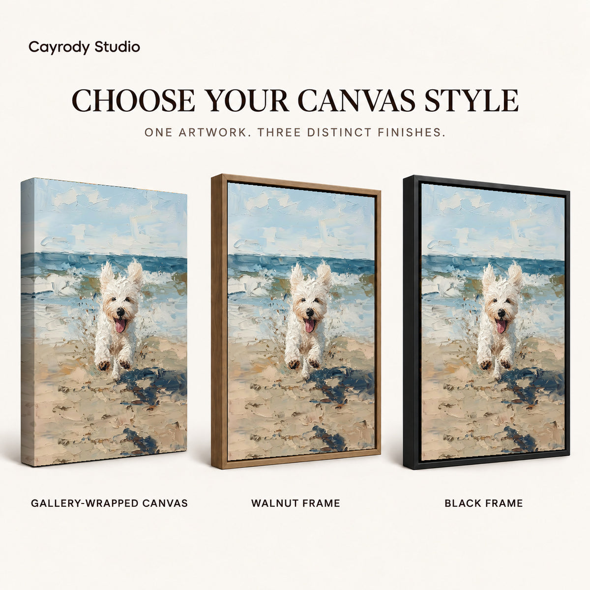 Seaside Jumping Puppy artwork finish chart showing gallery wrapped canvas, walnut frame, and black frame options.