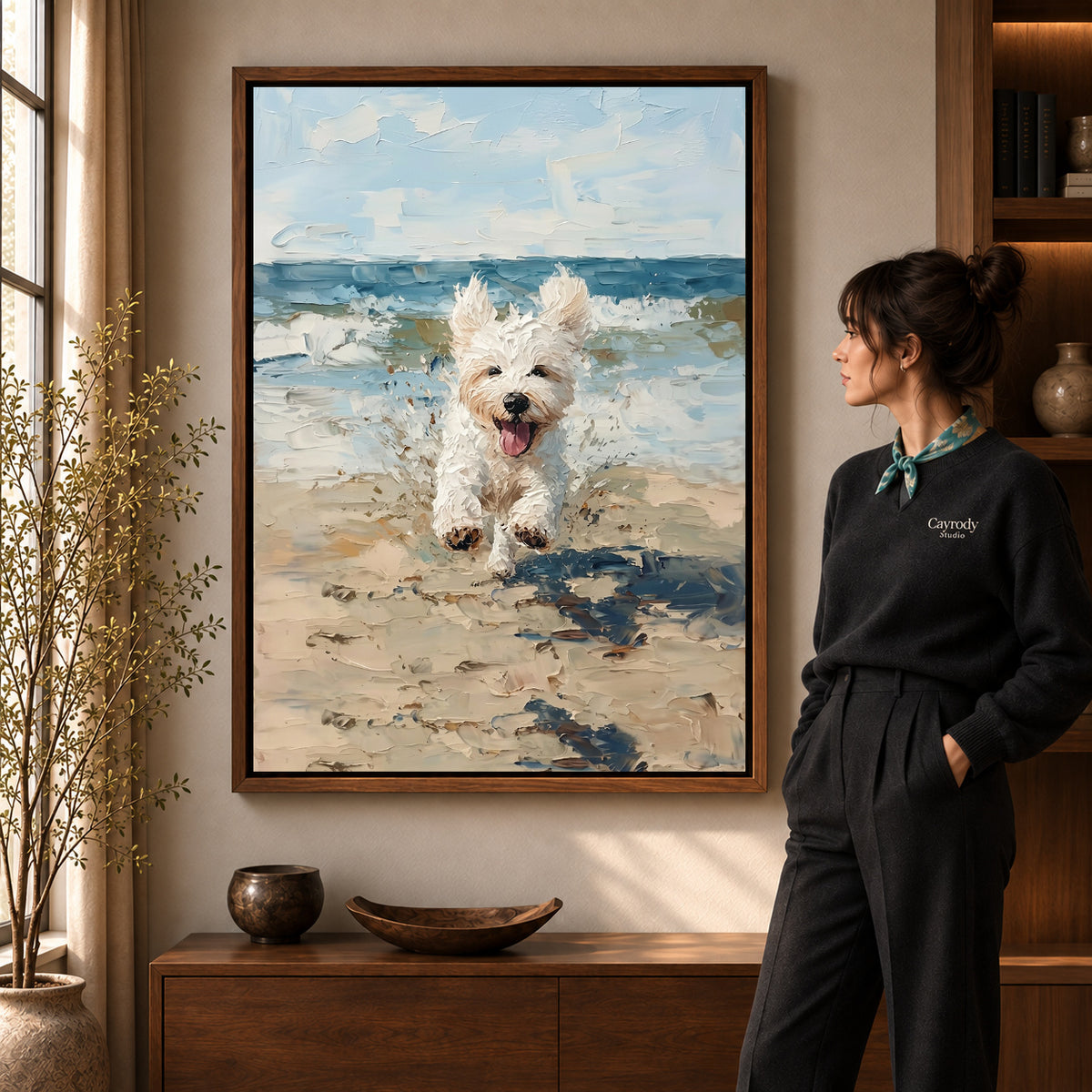Walnut framed seaside jumping puppy artwork scene assigned to all six walnut framed canvas sizes.