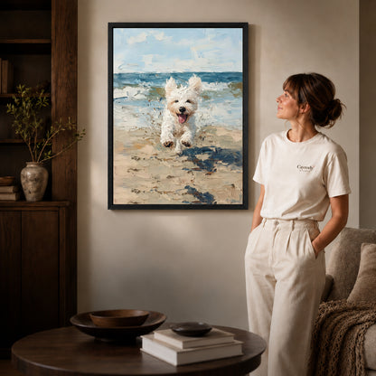 Black framed seaside jumping puppy artwork scene assigned to all six black framed canvas sizes.