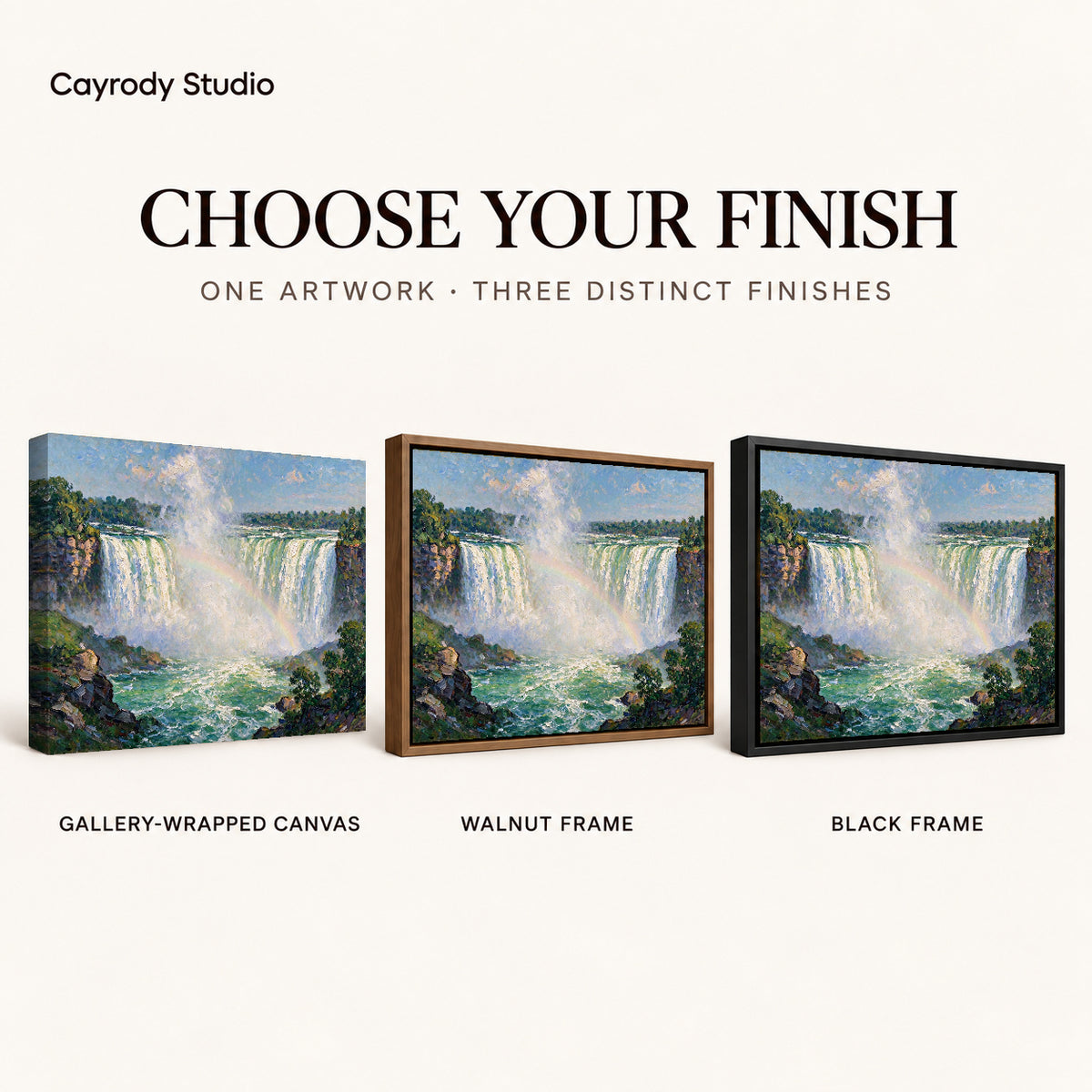 Rainbow Waterfall View artwork finish chart showing gallery wrapped canvas, walnut frame, and black frame options.