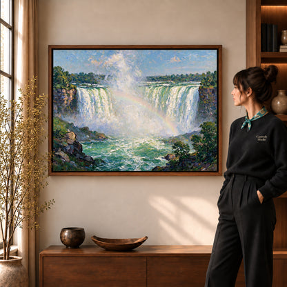 Walnut framed rainbow waterfall view artwork scene assigned to all six walnut framed canvas sizes.