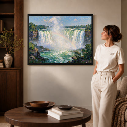 Black framed rainbow waterfall view artwork scene assigned to all six black framed canvas sizes.
