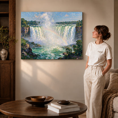 Gallery wrapped rainbow waterfall view artwork scene assigned to all six unframed wrapped canvas sizes.