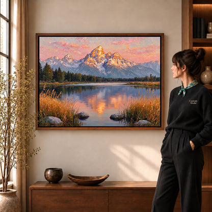 Golden Mountain Reflection artwork in a walnut frame beside a standing woman in a warm room.