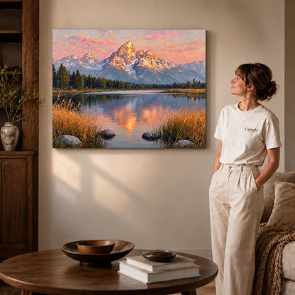 Gallery wrapped golden mountain reflection artwork with shaded canvas edges beside a woman wearing cream clothing.