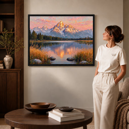 Black framed golden mountain reflection artwork beside a woman in a warm neutral living room.