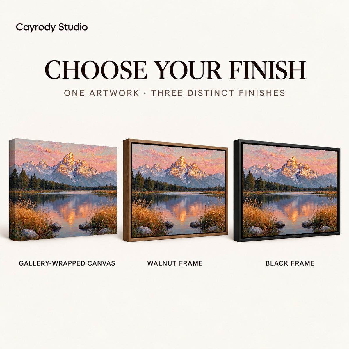 Golden Mountain Reflection artwork finish chart showing gallery wrapped canvas, walnut frame, and black frame options.