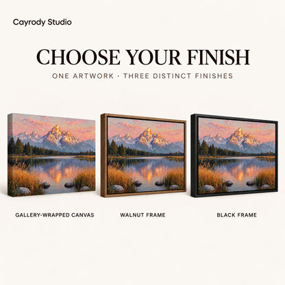 Golden Mountain Reflection artwork finish chart showing gallery wrapped canvas, walnut frame, and black frame options.