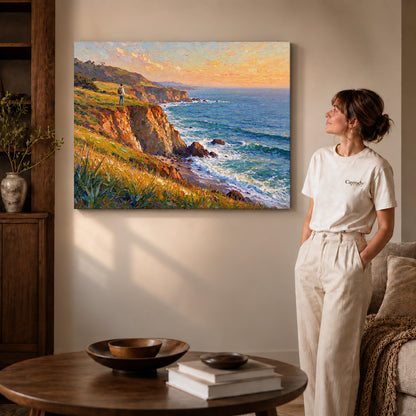 Gallery wrapped sunset coastal wanderer artwork with shaded canvas edges beside a woman wearing cream clothing.