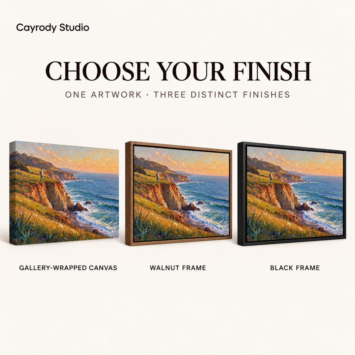 Sunset Coastal Wanderer artwork finish chart showing gallery wrapped canvas, walnut frame, and black frame options.