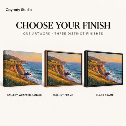 Sunset Coastal Wanderer artwork finish chart showing gallery wrapped canvas, walnut frame, and black frame options.