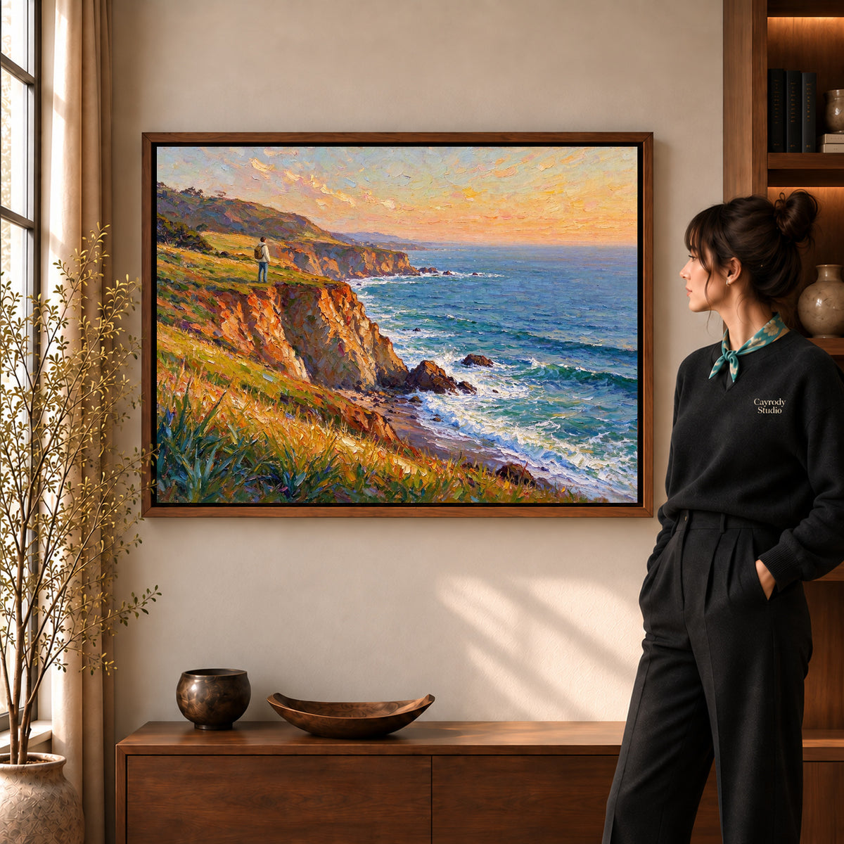Walnut framed sunset coastal wanderer artwork scene assigned to all six walnut framed canvas sizes.