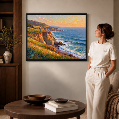 Black framed sunset coastal wanderer artwork scene assigned to all six black framed canvas sizes.