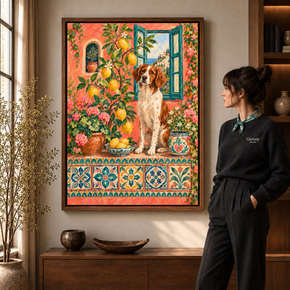 Lemon Garden Spaniel artwork in a walnut frame beside a standing woman in a warm room.