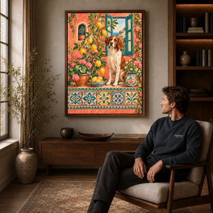 Walnut framed lemon garden spaniel artwork above a seated man in a wood furnished living room.
