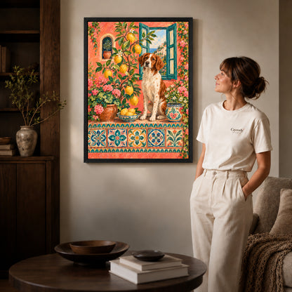 Black framed lemon garden spaniel artwork scene assigned to all six black framed canvas sizes.