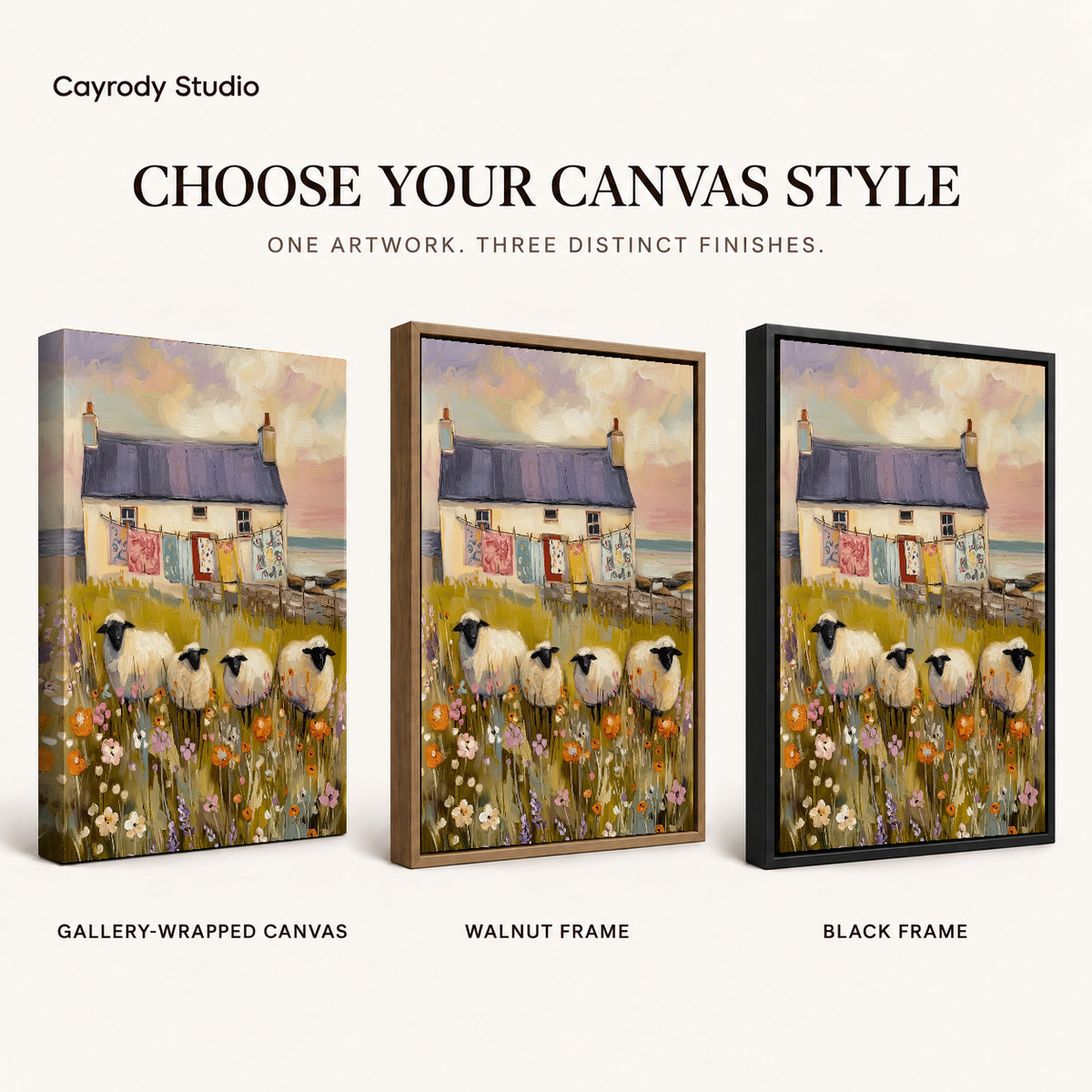 Cottage Sheep Garden artwork finish chart showing gallery wrapped canvas, walnut frame, and black frame options.