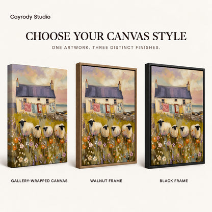 Cottage Sheep Garden artwork finish chart showing gallery wrapped canvas, walnut frame, and black frame options.