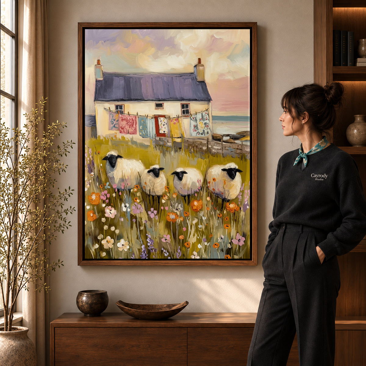 Walnut framed cottage sheep garden artwork scene assigned to all six walnut framed canvas sizes.
