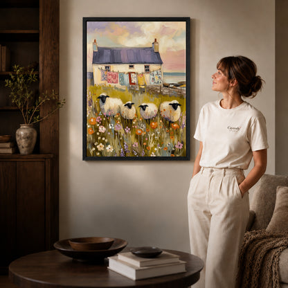 Black framed cottage sheep garden artwork scene assigned to all six black framed canvas sizes.
