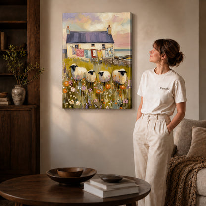 Gallery wrapped cottage sheep garden artwork scene assigned to all six unframed wrapped canvas sizes.