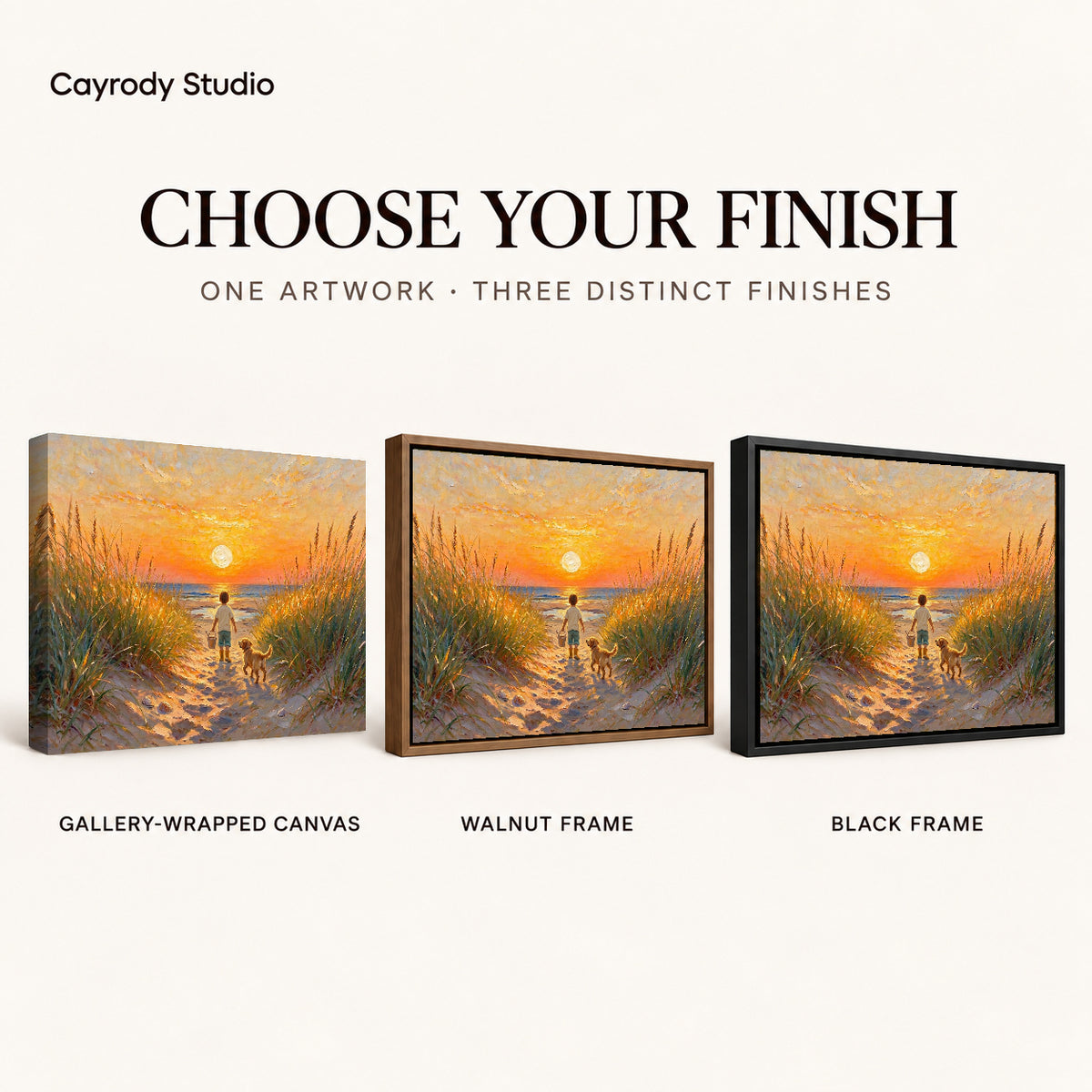 Sunset Beach Companions artwork finish chart showing gallery wrapped canvas, walnut frame, and black frame options.