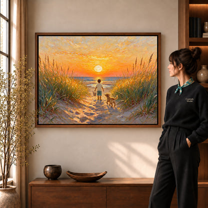 Walnut framed sunset beach companions artwork scene assigned to all six walnut framed canvas sizes.