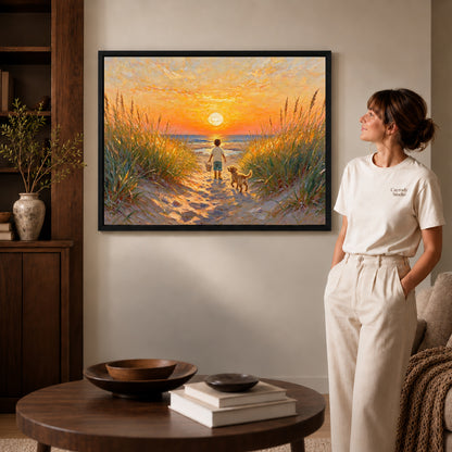 Black framed sunset beach companions artwork scene assigned to all six black framed canvas sizes.