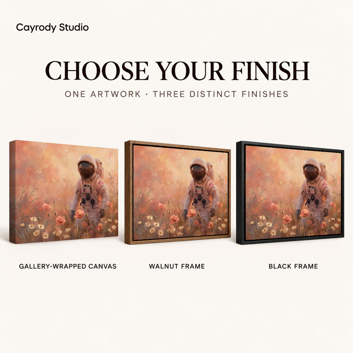 Astronaut Flower Walk artwork finish chart showing gallery wrapped canvas, walnut frame, and black frame options.