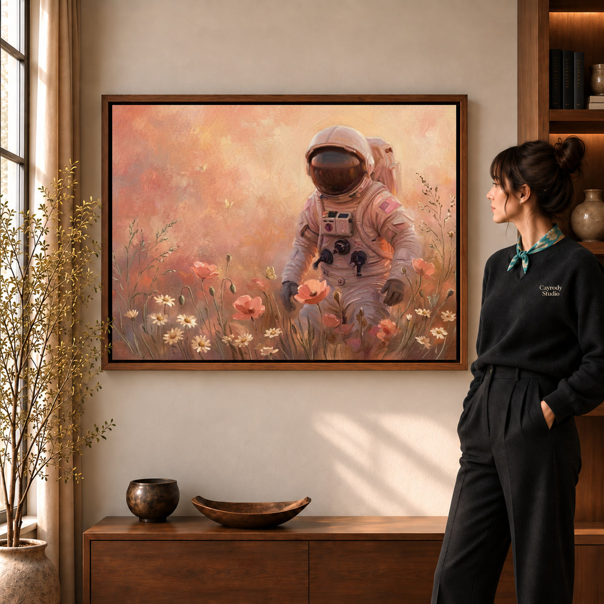 Walnut framed astronaut flower walk artwork scene assigned to all six walnut framed canvas sizes.