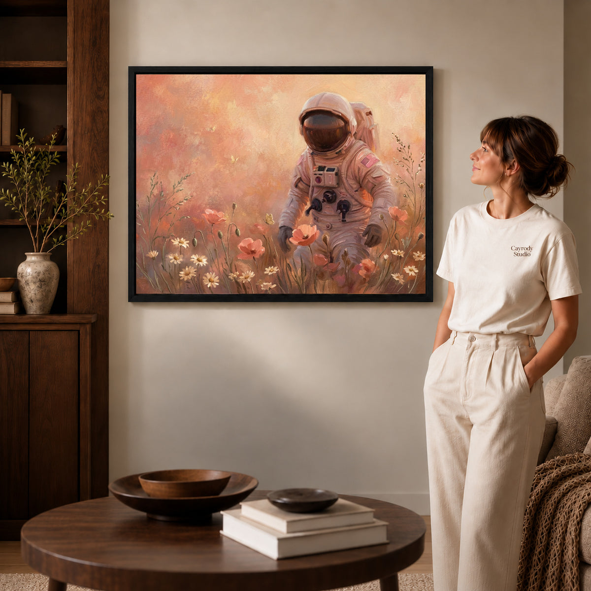 Black framed astronaut flower walk artwork scene assigned to all six black framed canvas sizes.