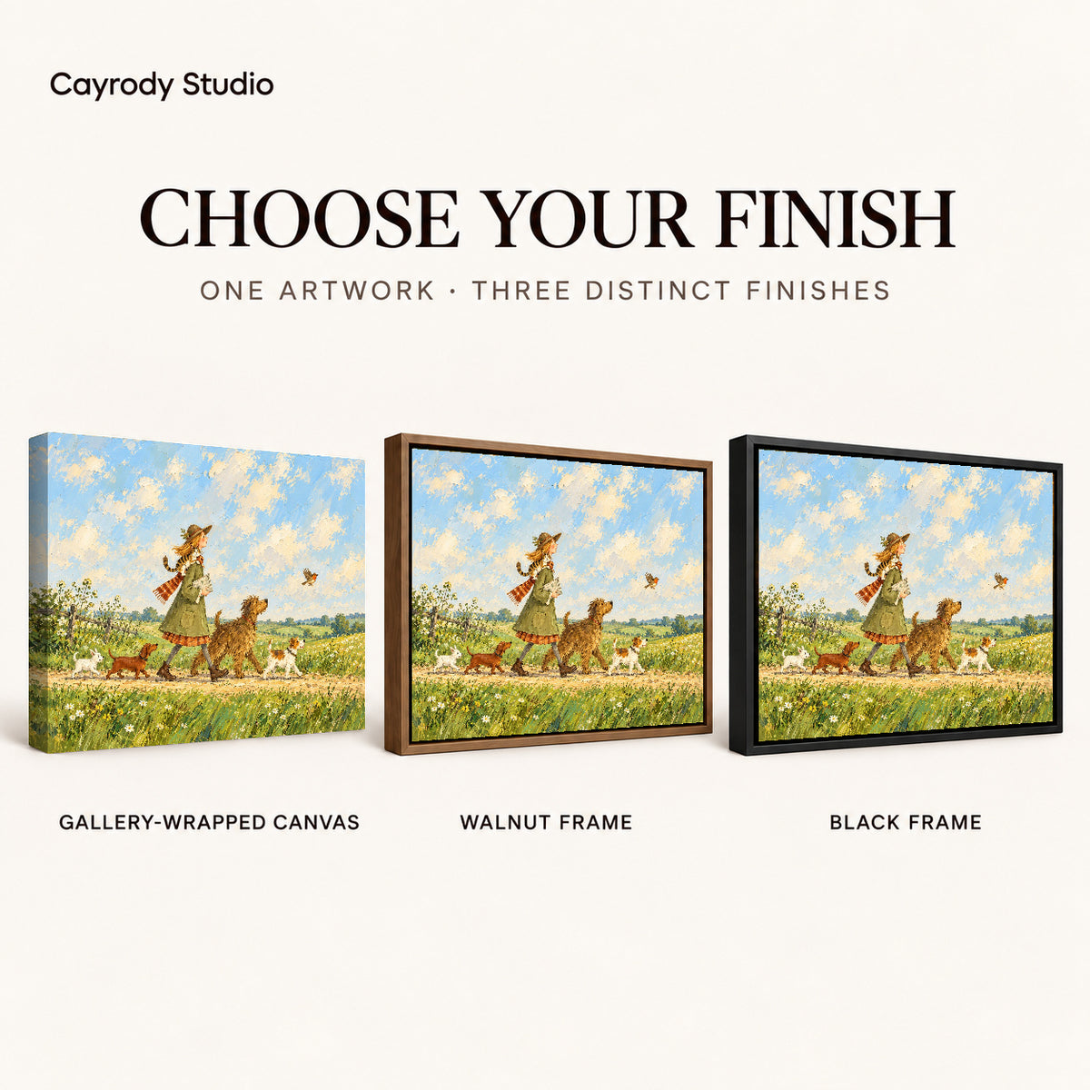 Countryside Dog Walk artwork finish chart showing gallery wrapped canvas, walnut frame, and black frame options.