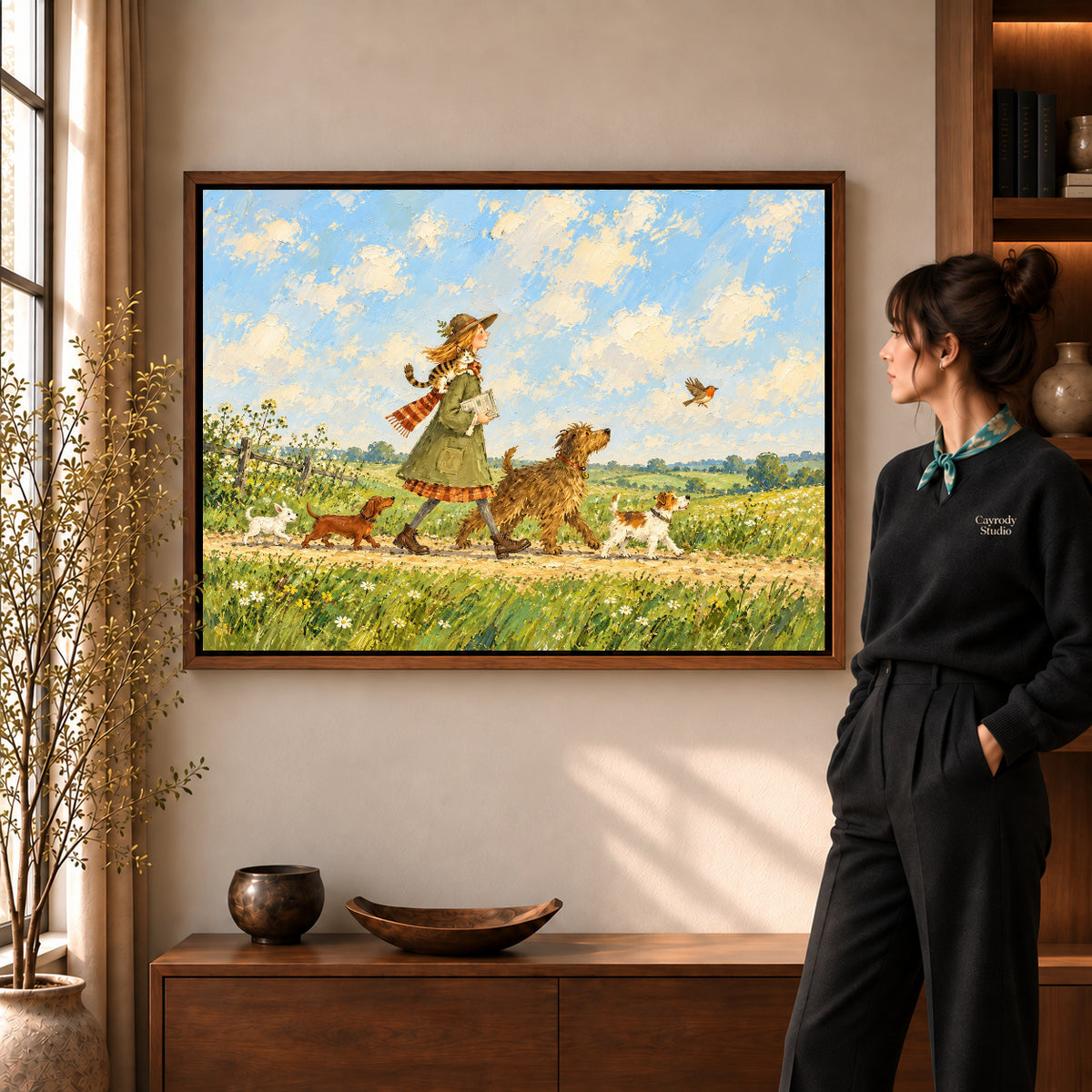 Walnut framed countryside dog walk artwork scene assigned to all six walnut framed canvas sizes.