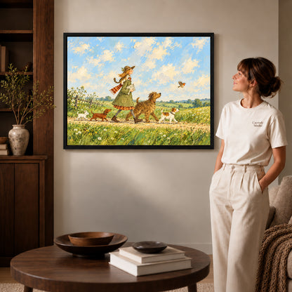 Black framed countryside dog walk artwork scene assigned to all six black framed canvas sizes.