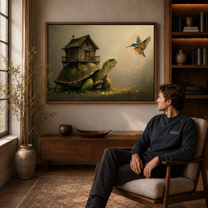 Walnut framed turtle cottage journey artwork above a seated man in a wood furnished living room.