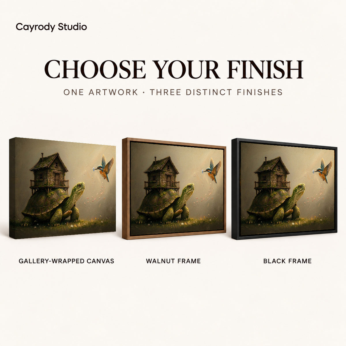 Turtle Cottage Journey artwork finish chart showing gallery wrapped canvas, walnut frame, and black frame options.