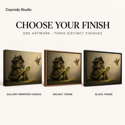 Turtle Cottage Journey artwork finish chart showing gallery wrapped canvas, walnut frame, and black frame options.