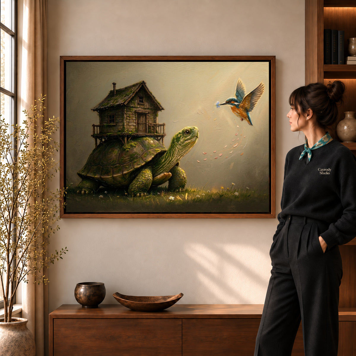 Walnut framed turtle cottage journey artwork scene assigned to all six walnut framed canvas sizes.