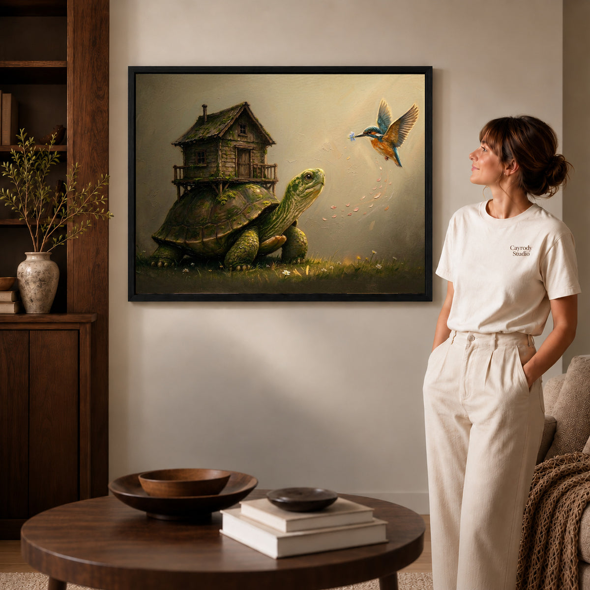 Black framed turtle cottage journey artwork scene assigned to all six black framed canvas sizes.