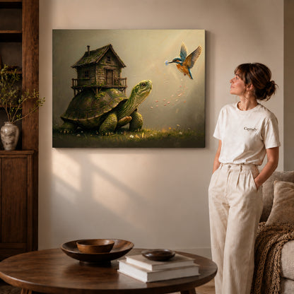 Gallery wrapped turtle cottage journey artwork scene assigned to all six unframed wrapped canvas sizes.