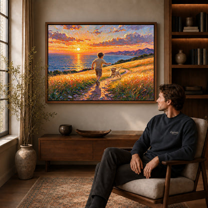 Walnut framed golden coastal run artwork above a seated man in a wood furnished living room.