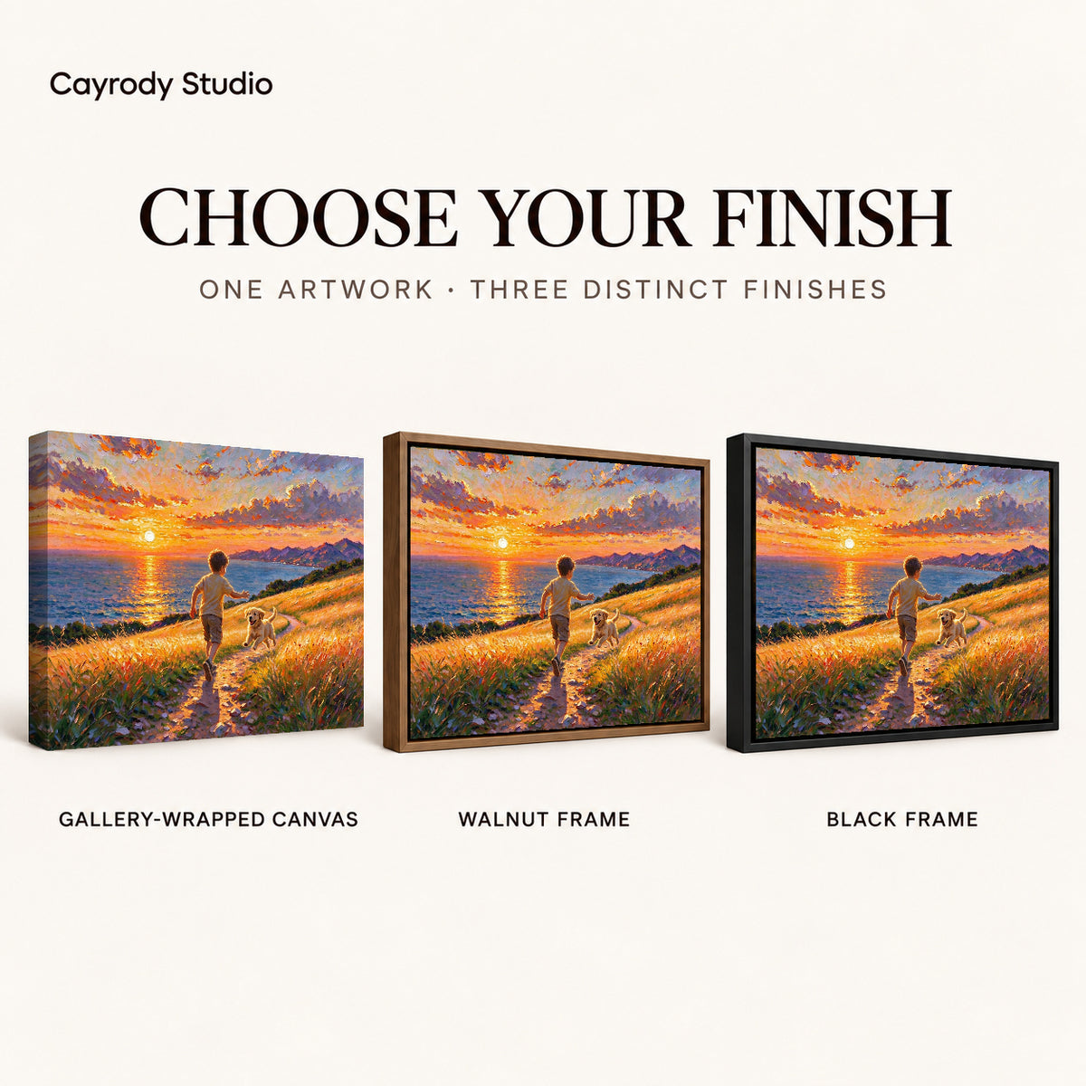 Golden Coastal Run artwork finish chart showing gallery wrapped canvas, walnut frame, and black frame options.