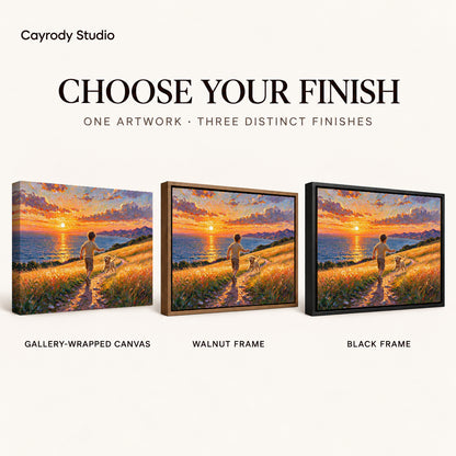 Golden Coastal Run artwork finish chart showing gallery wrapped canvas, walnut frame, and black frame options.